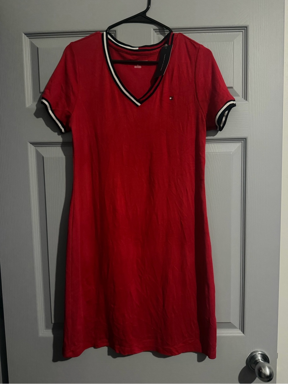 Tommy Hilfiger Red V-Neck Stripe-Trim T-Shirt Dress